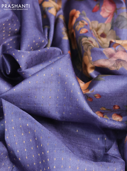 Pure tussar silk saree blue shade with allover zari weaves and floral digital printed border