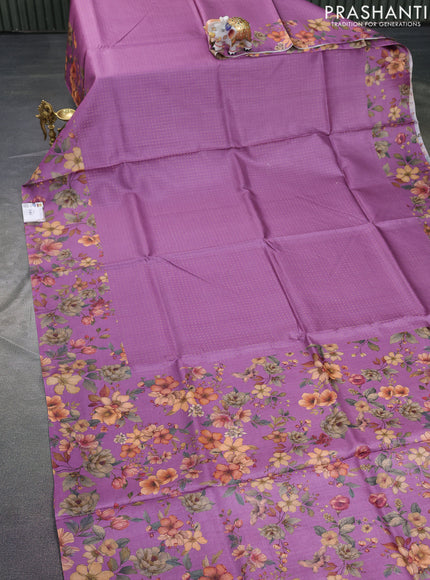 Pure tussar silk saree mauve pink with allover zari weaves and floral digital printed border