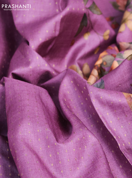Pure tussar silk saree mauve pink with allover zari weaves and floral digital printed border