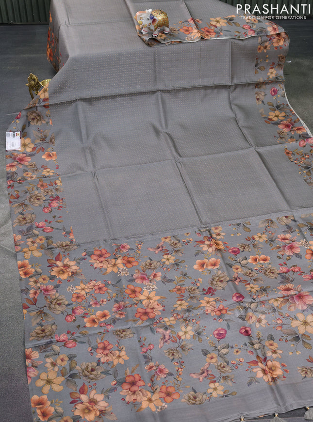 Pure tussar silk saree grey with allover zari weaves and floral digital printed border
