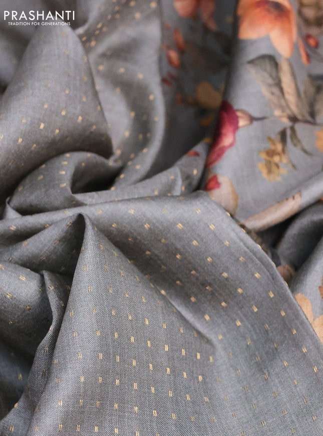 Pure tussar silk saree grey with allover zari weaves and floral digital printed border