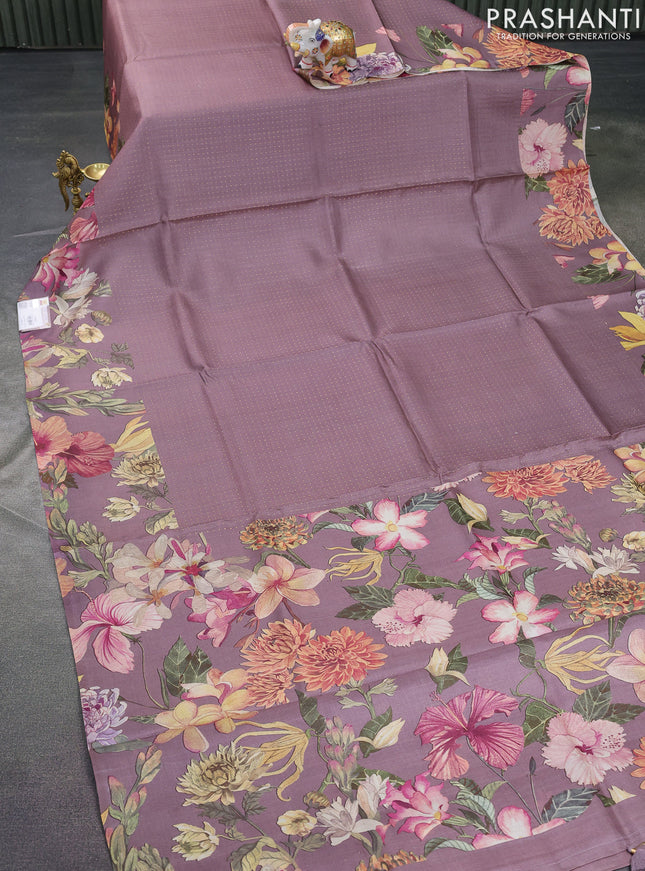 Pure tussar silk saree pastel purple with allover zari weaves and floral digital printed border