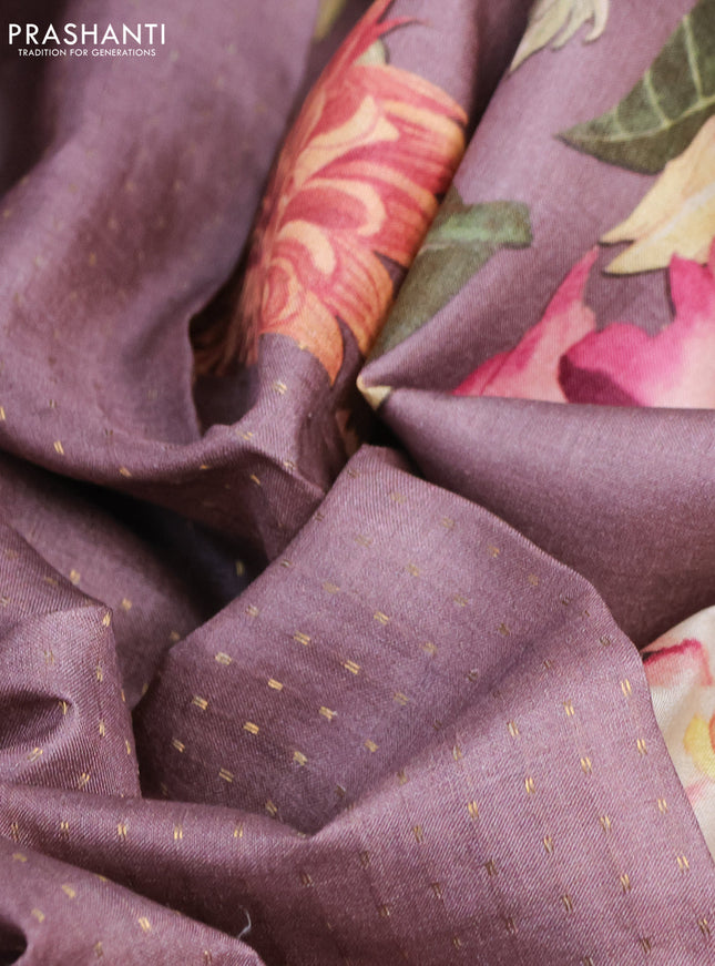 Pure tussar silk saree pastel purple with allover zari weaves and floral digital printed border