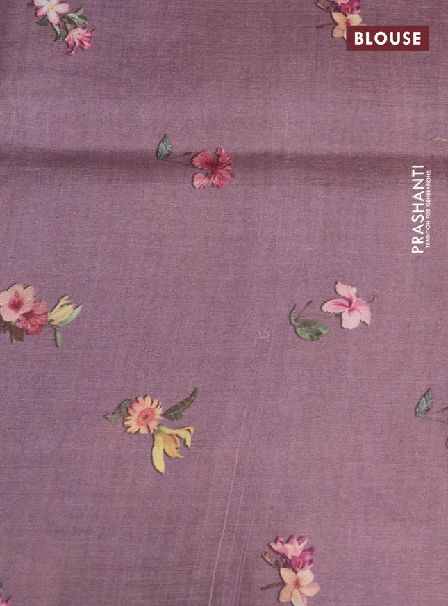 Pure tussar silk saree pastel purple with allover zari weaves and floral digital printed border