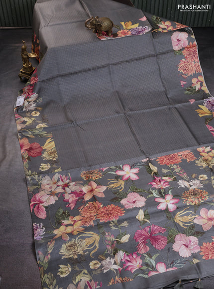 Pure tussar silk saree grey with allover zari weaves and floral digital printed border