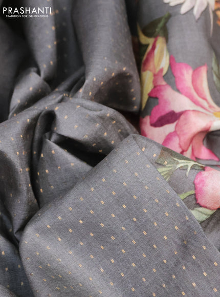 Pure tussar silk saree grey with allover zari weaves and floral digital printed border