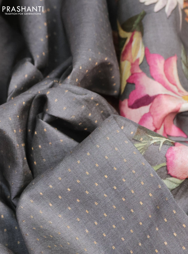 Pure tussar silk saree grey with allover zari weaves and floral digital printed border