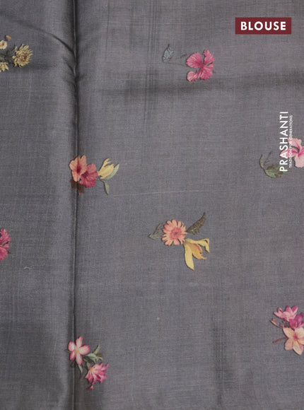 Pure tussar silk saree grey with allover zari weaves and floral digital printed border