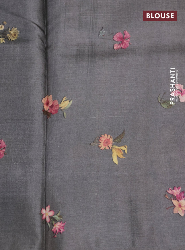 Pure tussar silk saree grey with allover zari weaves and floral digital printed border