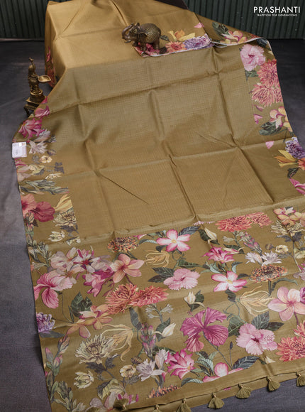 Pure tussar silk saree sandal with allover zari weaves and floral digital printed border