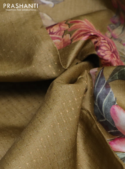 Pure tussar silk saree sandal with allover zari weaves and floral digital printed border