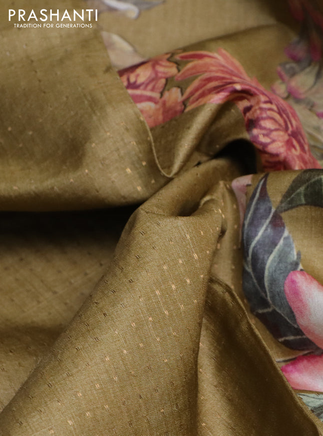 Pure tussar silk saree sandal with allover zari weaves and floral digital printed border