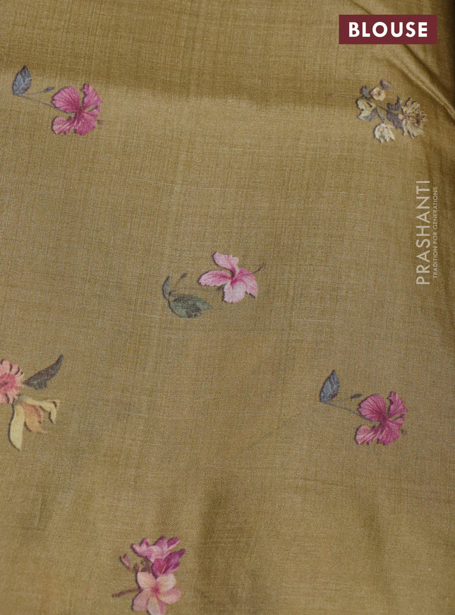 Pure tussar silk saree sandal with allover zari weaves and floral digital printed border