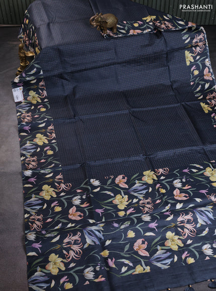 Pure tussar silk saree elephant grey with allover zari weaves and floral digital printed border