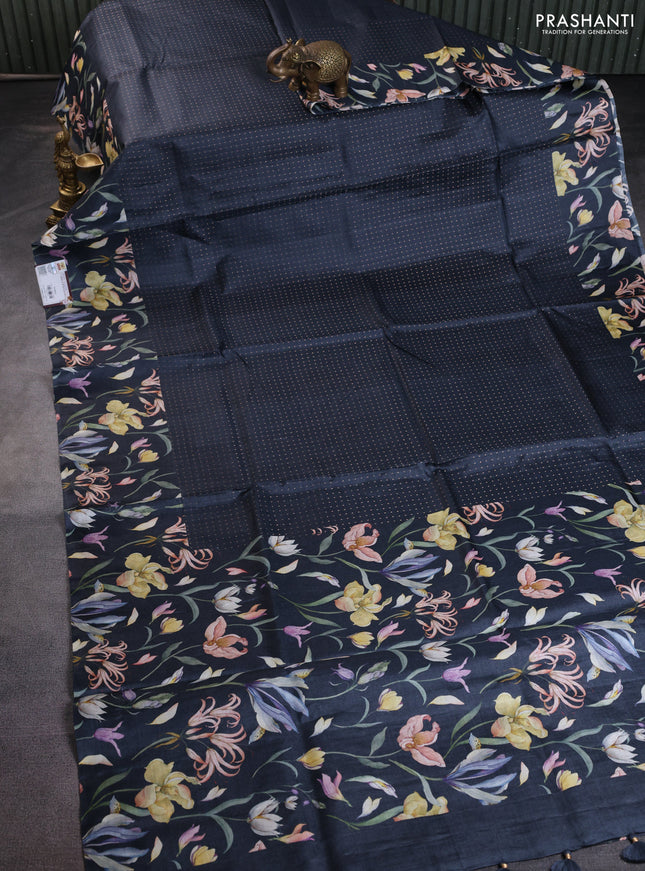 Pure tussar silk saree elephant grey with allover zari weaves and floral digital printed border