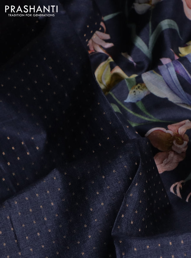 Pure tussar silk saree elephant grey with allover zari weaves and floral digital printed border