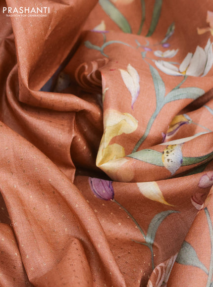 Pure tussar silk saree rust shade with allover zari weaves and floral digital printed border