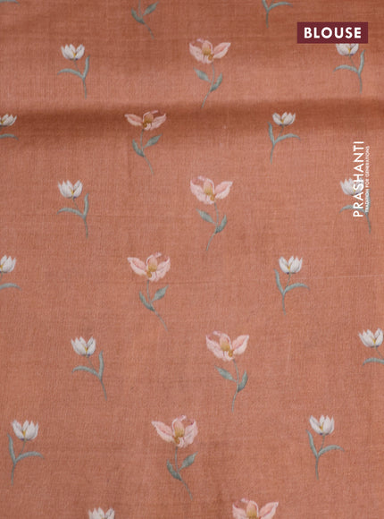 Pure tussar silk saree rust shade with allover zari weaves and floral digital printed border