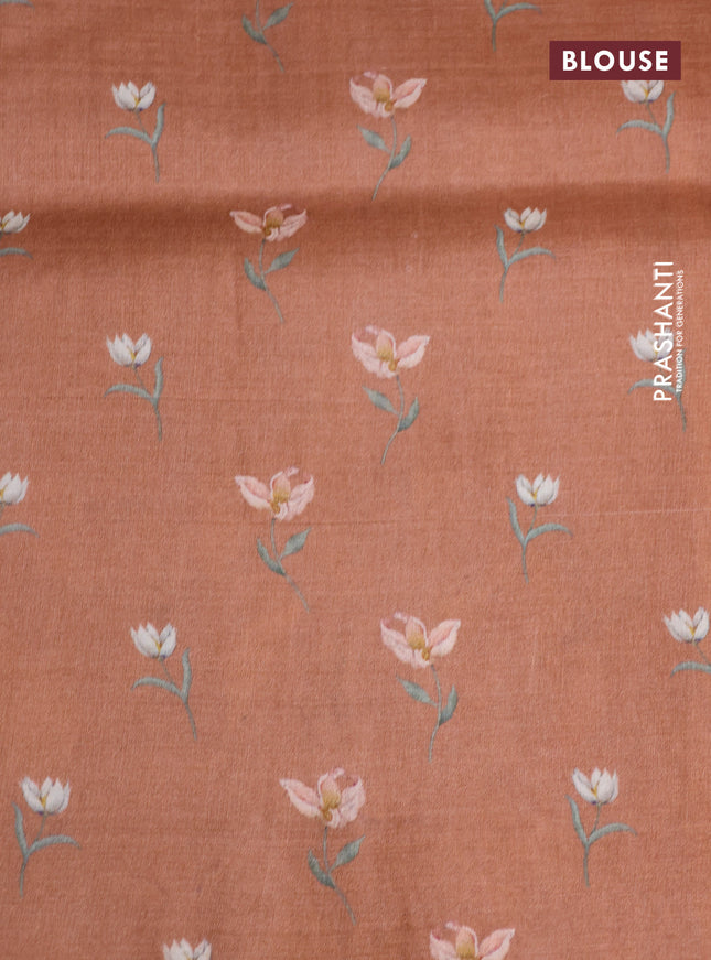 Pure tussar silk saree rust shade with allover zari weaves and floral digital printed border