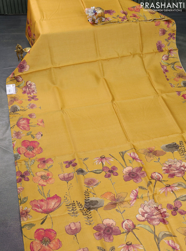 Pure tussar silk saree mustard yellow with allover zari weaves and floral digital printed border