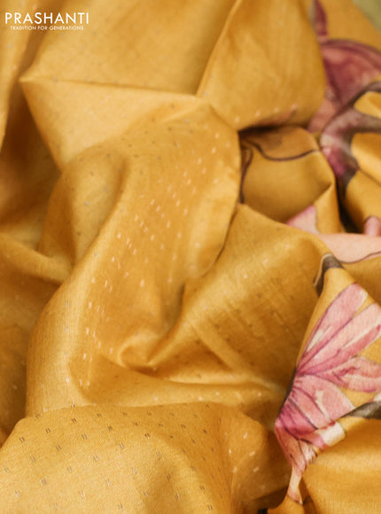 Pure tussar silk saree mustard yellow with allover zari weaves and floral digital printed border