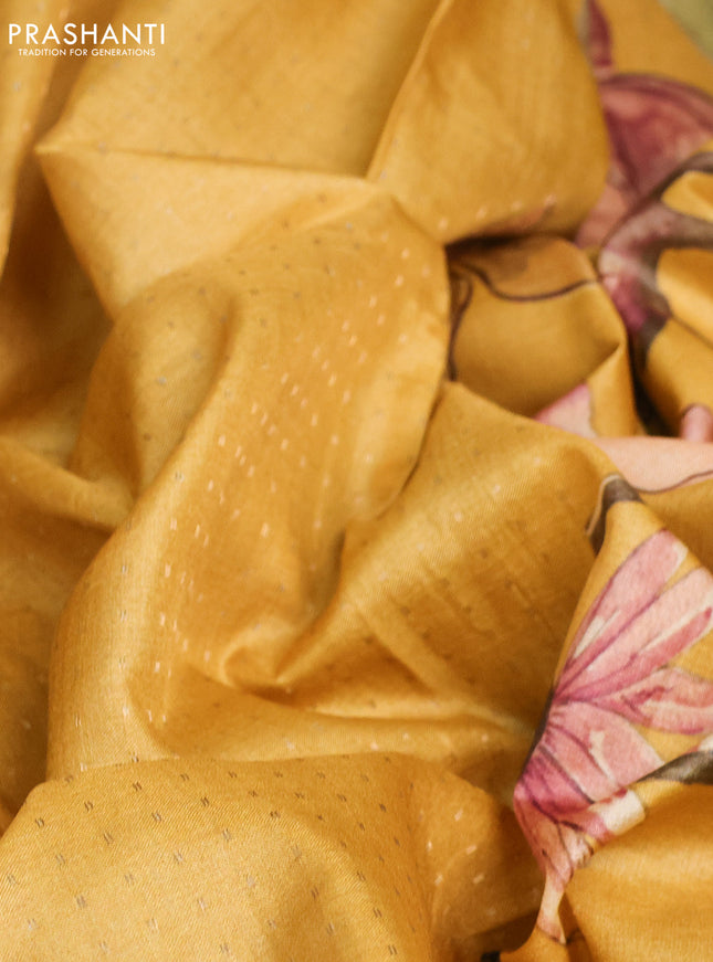 Pure tussar silk saree mustard yellow with allover zari weaves and floral digital printed border