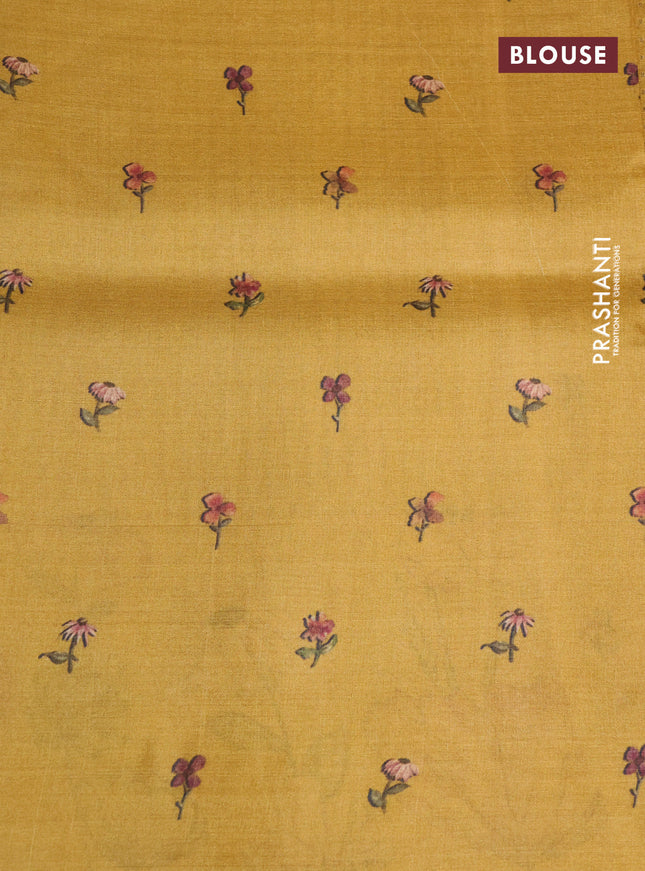 Pure tussar silk saree mustard yellow with allover zari weaves and floral digital printed border