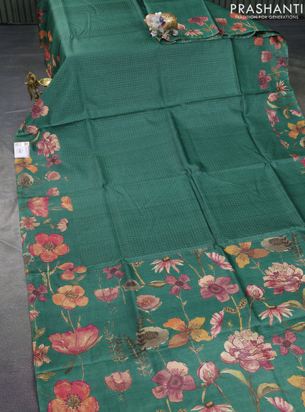 Pure tussar silk saree green with allover zari weaves and floral digital printed border