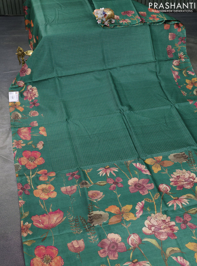 Pure tussar silk saree green with allover zari weaves and floral digital printed border