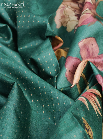 Pure tussar silk saree green with allover zari weaves and floral digital printed border