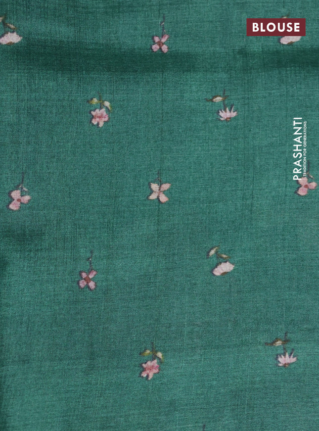 Pure tussar silk saree green with allover zari weaves and floral digital printed border
