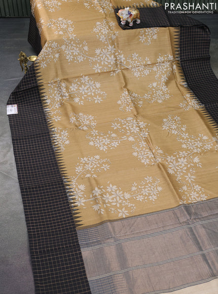 Pure tussar silk saree sandal and black with floral digital prints and temple design zari checked border