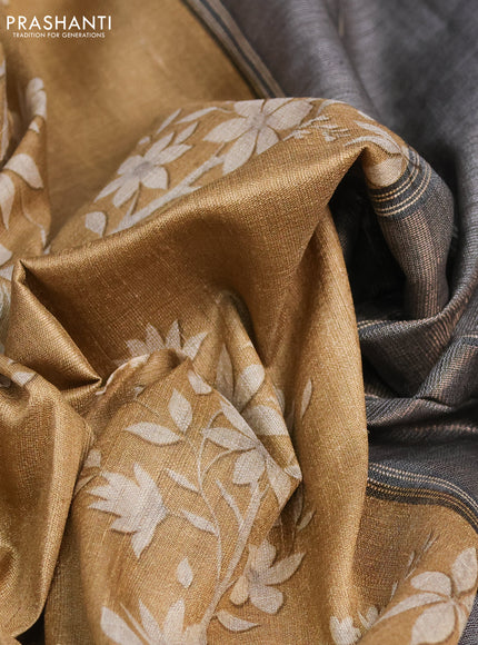 Pure tussar silk saree sandal and black with floral digital prints and temple design zari checked border