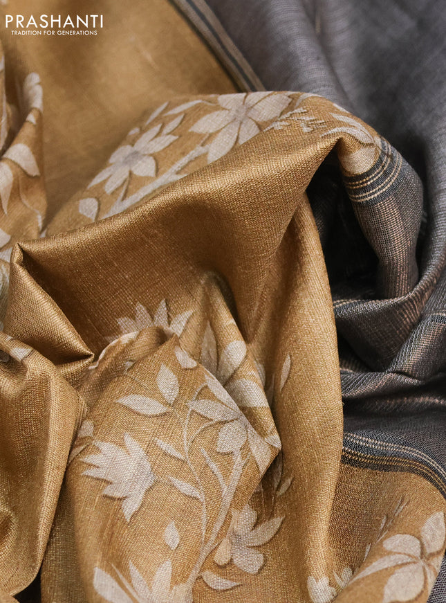 Pure tussar silk saree sandal and black with floral digital prints and temple design zari checked border