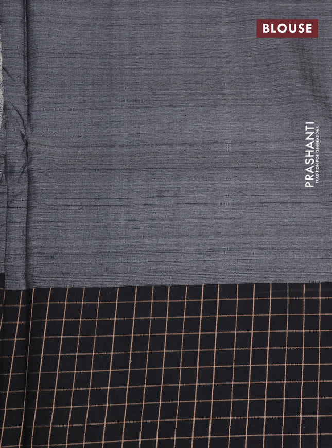 Pure tussar silk saree sandal and black with floral digital prints and temple design zari checked border