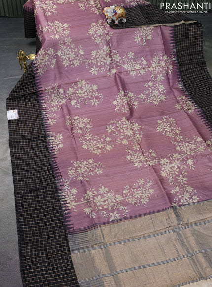 Pure tussar silk saree mauve pink and black with floral digital prints and temple design zari checked border