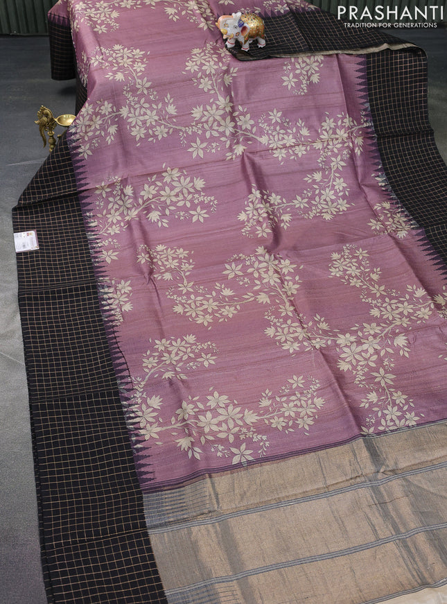 Pure tussar silk saree mauve pink and black with floral digital prints and temple design zari checked border