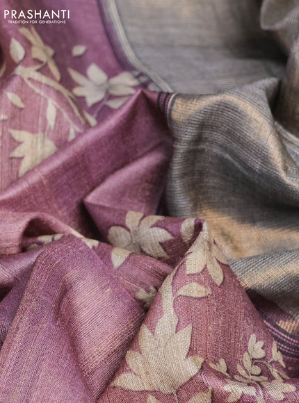 Pure tussar silk saree mauve pink and black with floral digital prints and temple design zari checked border
