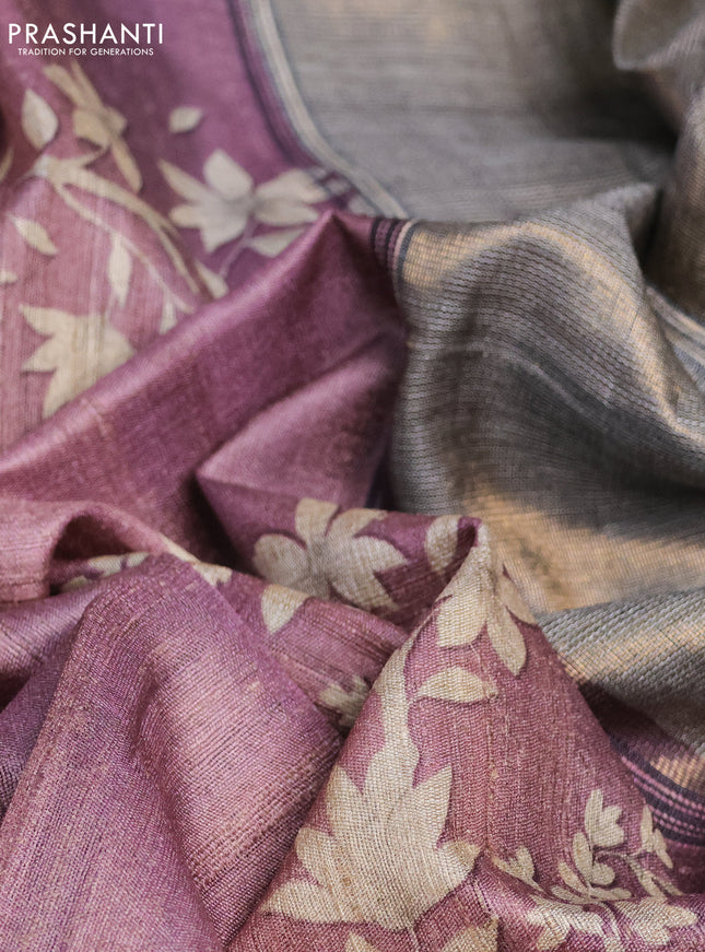 Pure tussar silk saree mauve pink and black with floral digital prints and temple design zari checked border