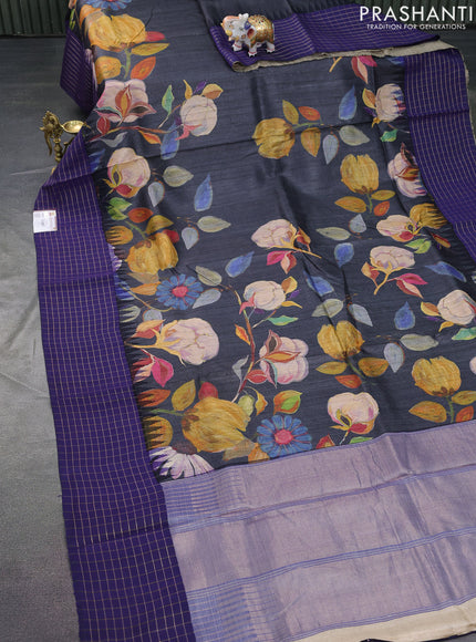 Pure tussar silk saree grey and blue with floral digital prints and temple design zari checked border