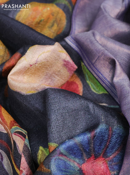 Pure tussar silk saree grey and blue with floral digital prints and temple design zari checked border