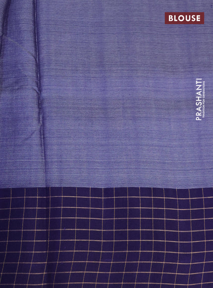 Pure tussar silk saree grey and blue with floral digital prints and temple design zari checked border