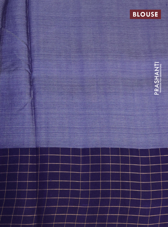 Pure tussar silk saree grey and blue with floral digital prints and temple design zari checked border