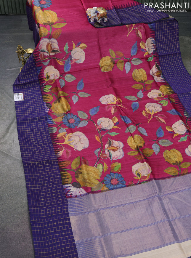 Pure tussar silk saree pink and blue with floral digital prints and temple design zari checked border