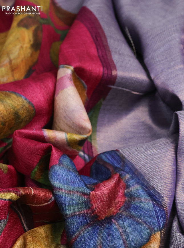 Pure tussar silk saree pink and blue with floral digital prints and temple design zari checked border