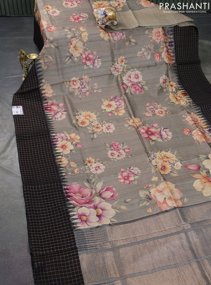 Pure tussar silk saree grey and black with floral digital prints and temple design zari checked border