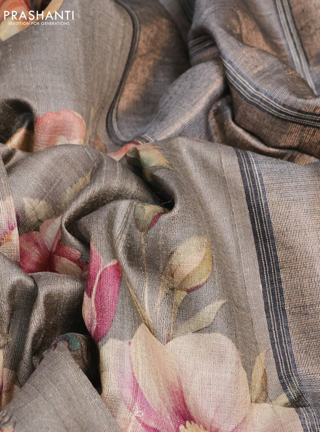 Pure tussar silk saree grey and black with floral digital prints and temple design zari checked border