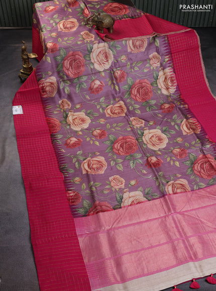 Pure tussar silk saree mauve pink and pink with floral digital prints and temple design zari checked border