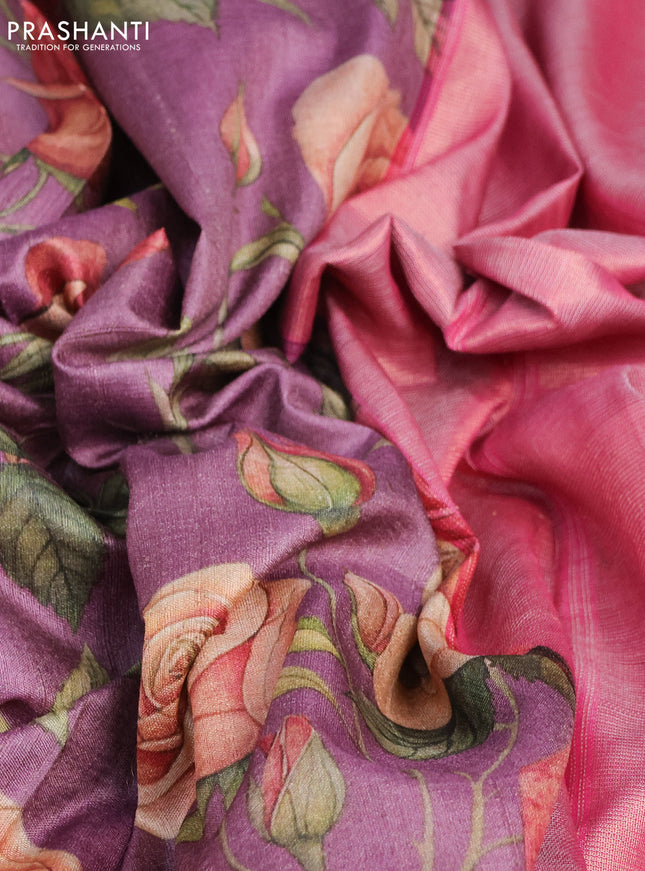 Pure tussar silk saree mauve pink and pink with floral digital prints and temple design zari checked border
