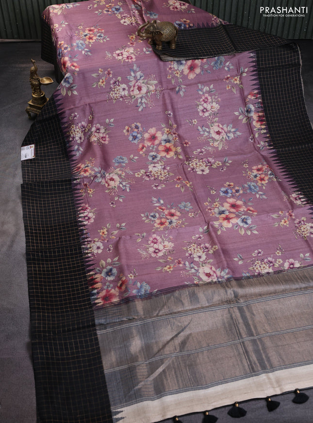 Pure tussar silk saree mauve pink and black with floral digital prints and temple design zari checked border